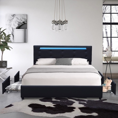 Cajón tapizado reina del metal cuatro de la imitación de cuero del negro del marco de la cama de plataforma con la luz del LED