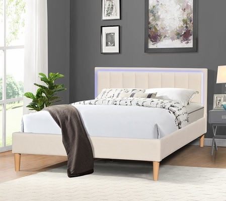 Cama tapizada de madera de la tela de lino del tamaño de la reina con el cabecero de las luces LED