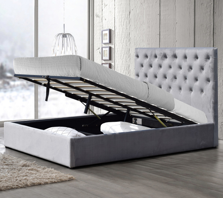 Cama tapizada tamaño king, alta y cómoda, con botones insertados, cabecero, cama de almacenamiento con elevador de gas
