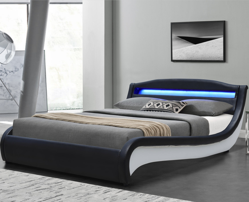Cama de plataforma de cuero tapizada doble negra/blanca con luz LED