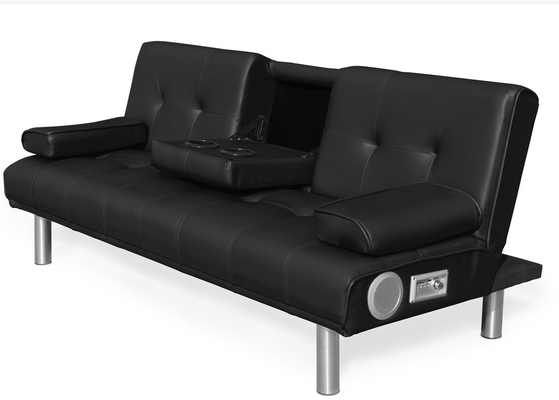 Sofá cama plegable de tres plazas de piel sintética con portavasos y altavoz Bluetooth