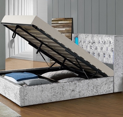 Fabricantes de la cama de Grey Crushed Velvet Fabric Upholstered con el LED y Crystal Buttons