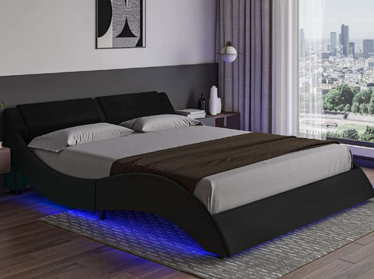 Forma tapizada tela moderna de la curva del marco de la cama de Comfortble con el cabecero del LED