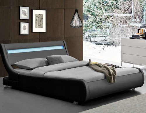 Imitación de cuero tapizada casera del negro del marco de la cama con la luz del LED