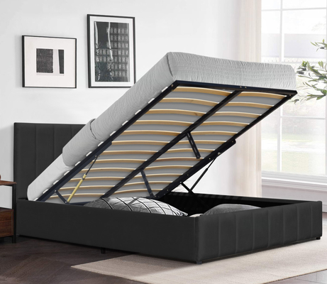 Tejido de terciopelo negro de talla real cama elevadora de gas marco de madera