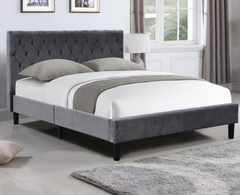 Tejido de terciopelo gris oscuro Revestimiento de cama tapizado tamaño reina con botones en la cabecera