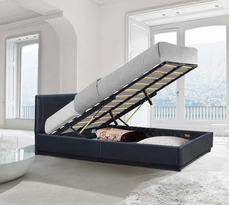 Cuadro de cama de ascensor de gas con cabecera tapizada, cama de almacenamiento y soporte de pizarras de madera, fácil montaje