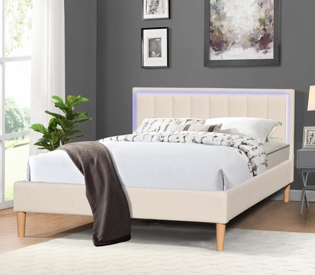 Cama tapizada de madera de la tela de lino doble del tamaño con el cabecero de las luces LED