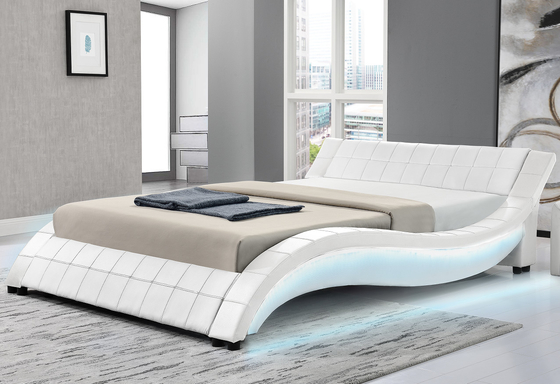 La onda tapizada del marco de la cama de la madera contrachapada forma el cuero de la PU con el LED ambos carriles laterales