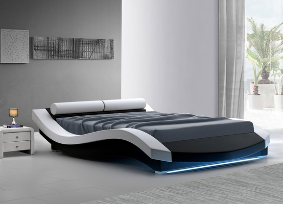 La forma de onda tapizó la madera contrachapada de cuero de la PU del marco de la cama con el estribo del LED