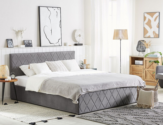 Almacenamiento tapizado de la elevación de Grey Velvet Fabric With Gas del marco de la cama de la madera contrachapada