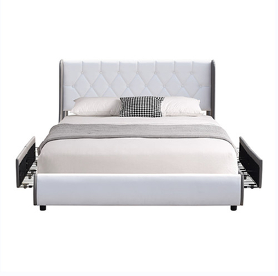 Cama de cuero copetuda del almacenamiento de Grey And White Four Drawer de la luz del marco de la cama de la PU