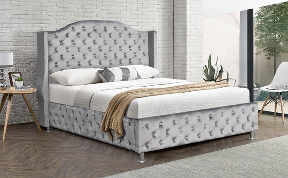 Cabecero copetudo modificado para requisitos particulares del botón de la tela del terciopelo de la cama de rey Size Upholstered Platform alto