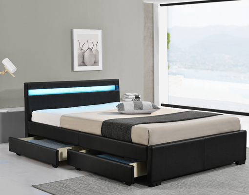 Cama tapizada tamaño doble de piel sintética negra con control remoto inalámbrico de luces