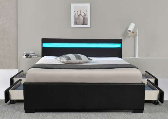 Cama tapizada tamaño doble de piel sintética negra con control remoto inalámbrico de luces