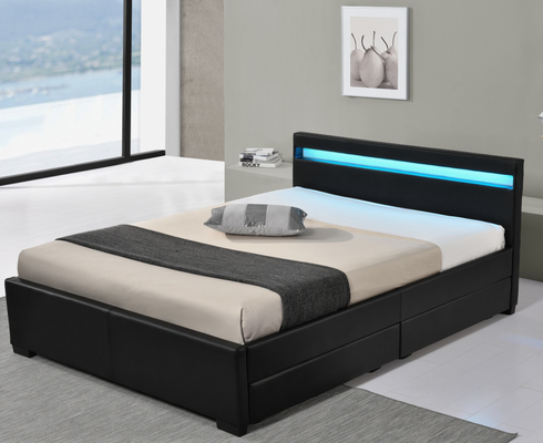 Cama tapizada tamaño doble de piel sintética negra con control remoto inalámbrico de luces