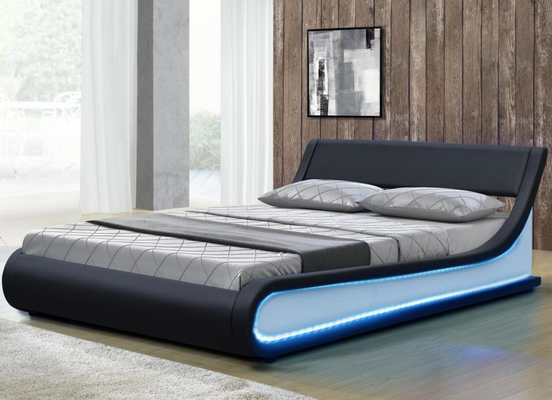 Cama tapizada LED doble King Size Modern Black Faux Leather