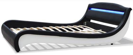 Cama de plataforma de cuero tapizada doble negra/blanca con luz LED
