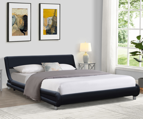 Cama tapizada de cuero de imitación negra moderna tamaño doble para dormitorio