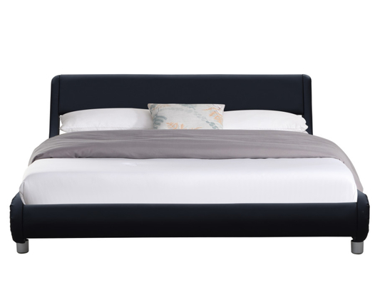 Cama tapizada de cuero de imitación negra moderna tamaño doble para dormitorio