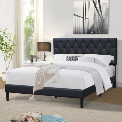 Cama tapizada de tamaño doble con cabecero ajustable de cuero negro y botones capitoné