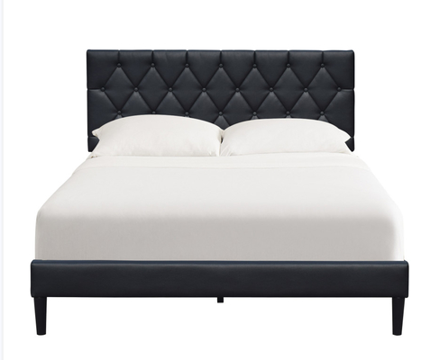 Cama tapizada de tamaño doble con cabecero ajustable de cuero negro y botones capitoné