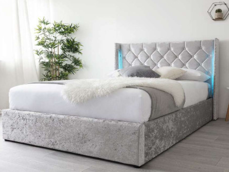 Cama de madera contrachapada de terciopelo gris tamaño queen con cabecero de luz LED en ambos lados