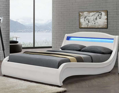Cuero blanco tapizado contemporáneo ergonómico de la PU del marco de la cama con la luz del LED