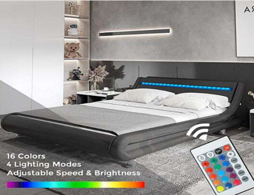 Cama de plataforma tapizada doble negra de la tela de ropa de cama con la luz del LED