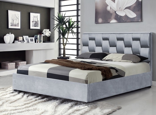Cuadro de cama de tela de terciopelo gris con cabecera alta con tufo