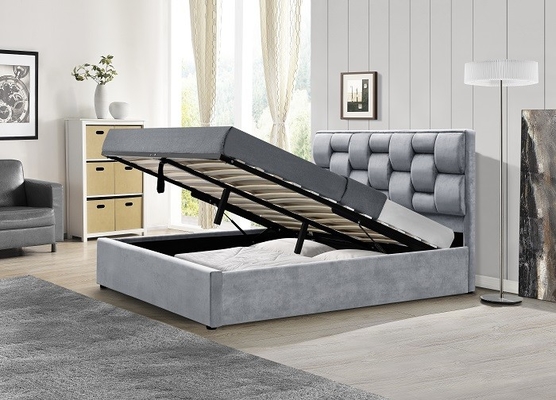 Cuadro de cama de tela de terciopelo gris con cabecera alta con tufo