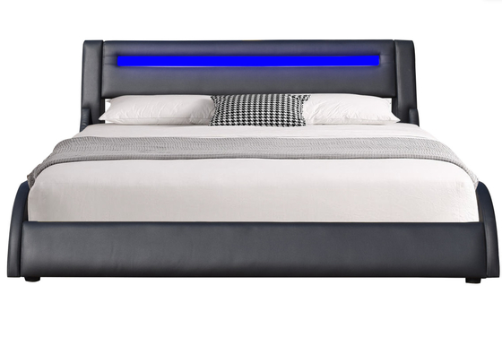 Cuadro de cama tapicado de cuero negro con encabezado ajustable