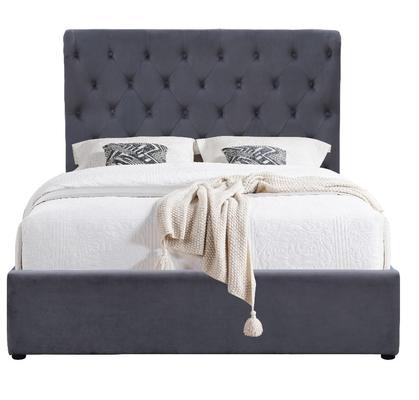 King Size 500lbs Gas Lift Cama de almacenamiento Gris Tejido de terciopelo Botones con mechón en la cabecera