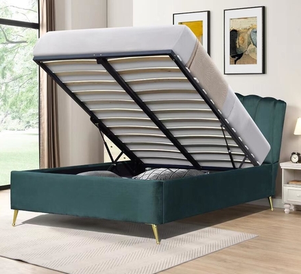 Tejido de terciopelo azul cama de almacenamiento de ascensor de gas otomano con cuatro pies de oro