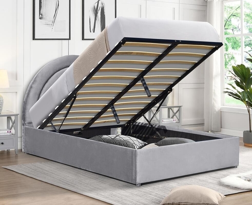 Cama de almacenamiento de ascensor de gas orientada a los detalles Forma curva de la cabecera del arco iris Tejido gris