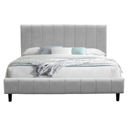 Cuadro de cama de tela gris doble con base de barras de madera