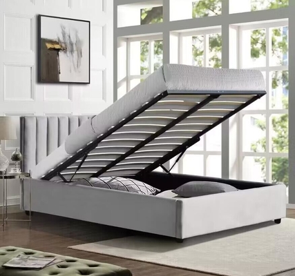 Cuadro de cama de tela de terciopelo gris claro elevador de gas de almacenamiento doble tamaño