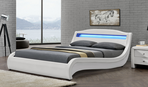 Cama tapizada de cuero falso, marco de cama de plataforma con iluminación LED, diseño curvo