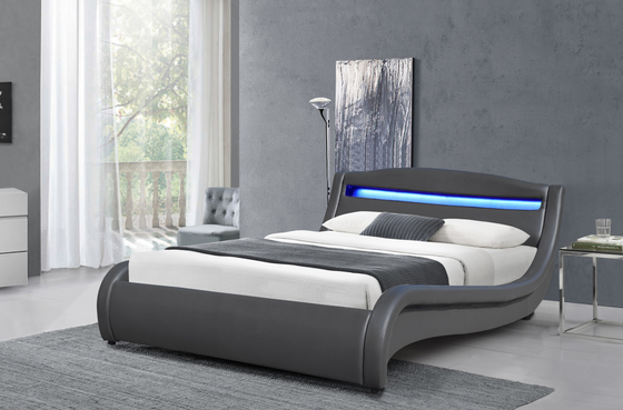 Cama tapizada de cuero falso, marco de cama de plataforma con iluminación LED, diseño curvo