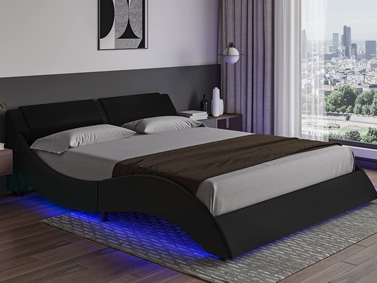 Cama tapizada con cabecera de cuero de PU, marco de cama de plataforma de PU con luces LED