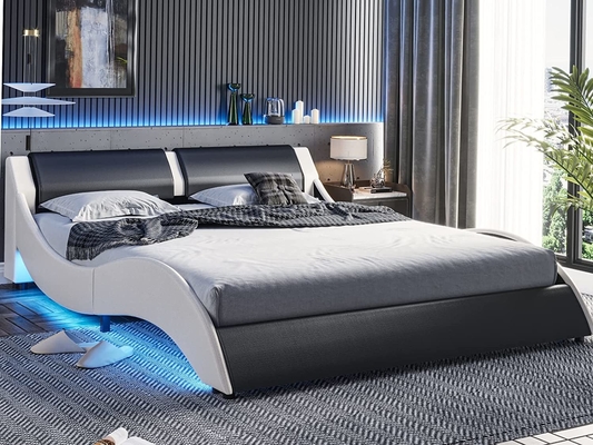 Cama tapizada con cabecera de cuero de PU, marco de cama de plataforma de PU con luces LED