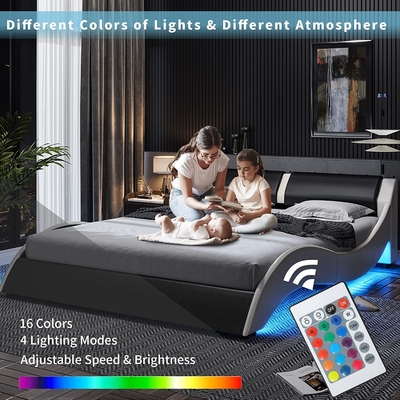 Cama tapizada con cabecera de cuero de PU, marco de cama de plataforma de PU con luces LED