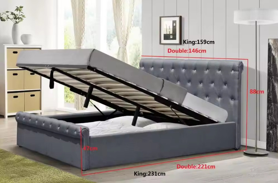 Cama de almacenaje de tamaño completo cama tapizada con cabecera y almacenaje debajo