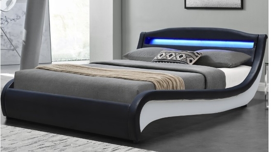 Cama tapizada con LED blanco y negro con luces
