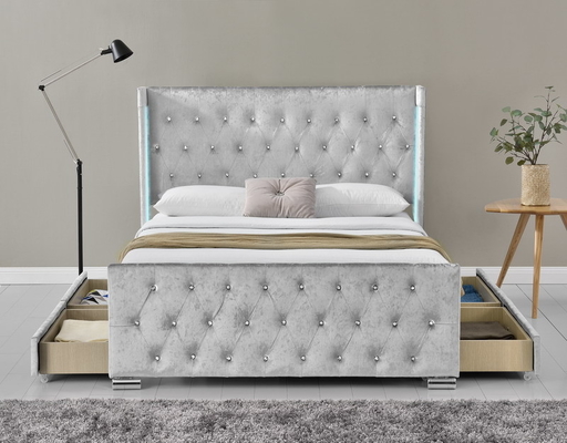 Cuadro de cama completo con botón tapizado, cabezal de almacenaje con tufo, soporte de pizarras de madera