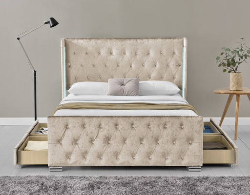 Cuadro de cama completo con botón tapizado, cabezal de almacenaje con tufo, soporte de pizarras de madera