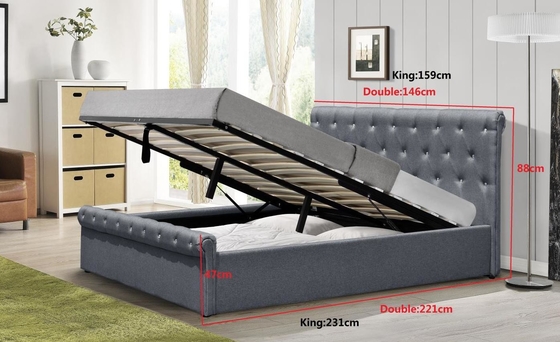 Certificación doble de Grey Linen Ottoman Bed BSCI del tamaño de la cama de Diamond Buttons Gas Lift Storage