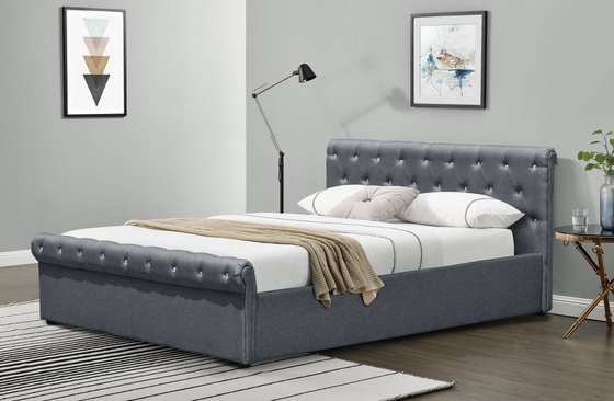 Certificación doble de Grey Linen Ottoman Bed BSCI del tamaño de la cama de Diamond Buttons Gas Lift Storage
