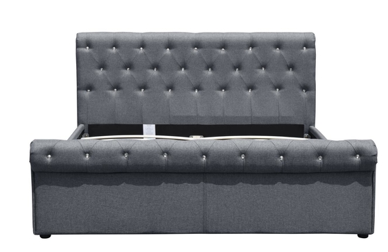 Certificación doble de Grey Linen Ottoman Bed BSCI del tamaño de la cama de Diamond Buttons Gas Lift Storage