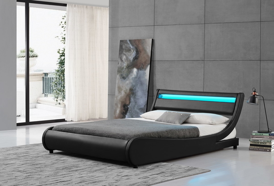 La madera contrachapada LED tapizó el marco de cuero negro de la cama matrimonial de la PU del cabecero de la luz de la cama